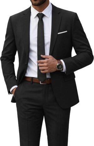 Men's 2 Piece Suit with Tie One Button Slim Fit Solid Jacket and Pants Set Suits for Men Prom Party Wedding and Business