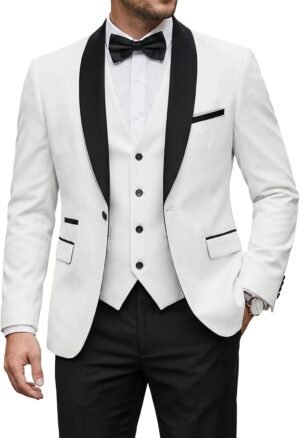 Men's 3 Piece Tuxedo Set with Bow Tie Slim Fit One Button Shawl Lapel Suit Blazer Vest Pants for Wedding Prom Dinners