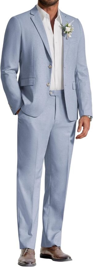 Men's Linen Suits 2 Piece Regular Fit Suits Set Casual Lightweight Blazer Jacket and Pants for Summer Wedding