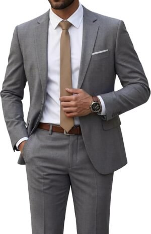 Men's 2 Piece Suit with Tie One Button Slim Fit Solid Jacket and Pants Set Suits for Men Prom Party Wedding and Business