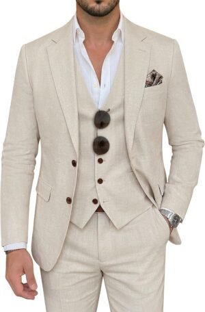 Men's Suit 3 Piece Linen Suits Slim Fit Suit Blazer Vest Pants Set Wedding Prom Tuxedos Business Casual Suit