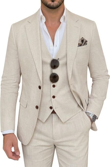 Men's Suit 3 Piece Linen Suits Slim Fit Suit Blazer Vest Pants Set Wedding Prom Tuxedos Business Casual Suit