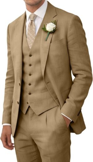 Retro Linen Men Suits Beach Wedding Suit Summer Slim Fit 3 Pieces Light Weight Breathable Jacket Vest Pant Tuxedo