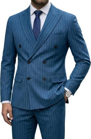 Men's 2 Piece Double Breasted Suit Slim Fit Stripe Tuxedo Set with Tie Party Wedding Dress Blazer Tux and Trousers